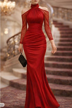 Women's Halter Long-Sleeve Tulle Maxi Evening Dress