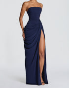 Women's Strapless Evening Dress with Open Back - Navy