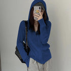 蓝色拉链毛衣外套女秋冬新款超好看针织开衫连帽卫衣内搭打底上衣