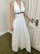 White Polka Dot Plunge Halter Maxi Dress - detail or back view