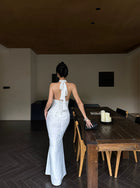 White Keyhole Halter Ruched Satin Maxi Dress - detail or back view