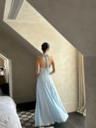 Light Blue Bow Front Corset Halter Maxi Dress - detail or back view
