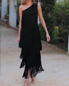 Women's One-Shoulder Fringe Evening Dress
