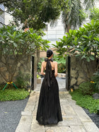Scarf-Neck Pleated Satin Maxi Dress - detail or back view