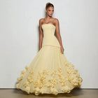 Strapless Pleated Ball Gown with Floral Detail