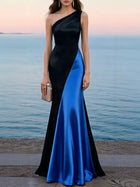Women's One-Shoulder Satin Mermaid Maxi Evening Dress - Blue