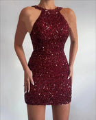 Women's Sequin Fringe Cold-Shoulder Mini Dress - Burgundy without Chain