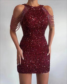 Women's Halter Sequin Fringe Bodycon Evening Dress - Burgundy