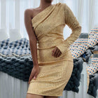 Women's One-Shoulder Sequin Evening Dress - Gold