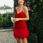 Women's V-Neck Sequin Feather-Trim Evening Dress