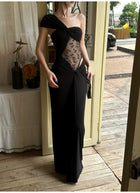 Asymmetric Twist-Front Lace-Panel Maxi Dress — Black — view 5