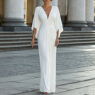 Women's V-Neck Batwing-Sleeve Ruched Maxi Evening Dress - White