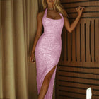 Women's Halter Sequin Evening Dress with Slit