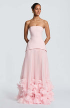 Women's Strapless 3D Floral Maxi Evening Dress - Pink