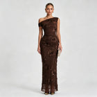 Women's One-Shoulder Mesh Mermaid Maxi Evening Dress - Dark Coffee, Double-Sided Embroidery
