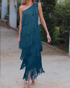Women's One-Shoulder Fringe Evening Dress - Peacock Blue