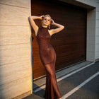 Women's High-Neck Sleeveless Rhinestone Mermaid Maxi Evening Dress