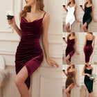 Women's Spaghetti-Strap Velvet Ruched Evening Dress with Slit