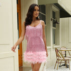 Women's V-Neck Sequin Feather-Trim Evening Dress