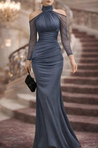 Women's Halter Long-Sleeve Tulle Maxi Evening Dress - Gray