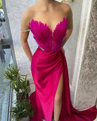 Women's Feather-Trim Maxi Evening Dress with Slit