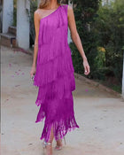 Women's One-Shoulder Fringe Evening Dress - Purple