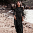 Women's Round-Neck Long-Sleeve Lace Floral Wedding Dress with Open Back - Black