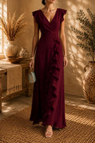 Women's V-Neck Maxi Evening Dress - Burgundy