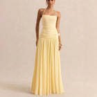 Women's Halter Ruched Evening Dress with Open Back - Light Yellow