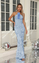 Women's Halter 3D Floral Mermaid Maxi Evening Dress - Sky Blue