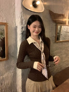 宋正恩咖色Polo领假两件针织衫女毛衣秋季内搭修身短款长袖小上衣