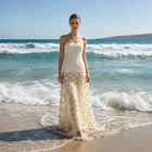 Women's Strapless Mesh 3D Floral Maxi Evening Dress