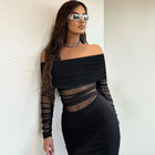 Women's Long-Sleeve Mesh Ruched Maxi Evening Dress