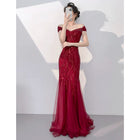 Off-Shoulder Sequin Corset Mermaid Prom Dress — Burgundy — view 4
