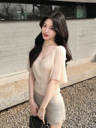 法式蝙蝠袖冰丝亚麻短袖针织衫女夏季独特漂亮初夏收腰风琴褶上衣