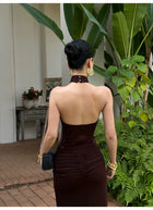 Chocolate Brown Ruched Halter Open Back Maxi Dress - detail or back view