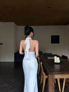 White Keyhole Halter Ruched Satin Maxi Dress - detail or back view