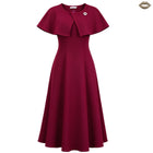 Women's Round-Neck A-Line Midi Evening Dress - Burgundy with Brooch