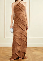 Women's Halter Ruched Maxi Evening Dress with Open Back - Brown