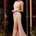 Women's Pink Feather-Trim Sequin Evening Gown