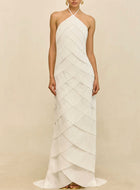Women's Halter Ruched Maxi Evening Dress with Open Back - White
