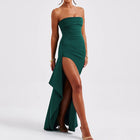 Women's Strapless Maxi Evening Dress with Open Back - Green