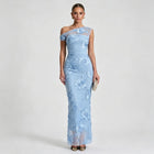 Women's One-Shoulder Mesh Mermaid Maxi Evening Dress - Sky Blue, Double-Sided Embroidery
