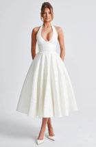 Women's Halter Jacquard Evening Dress with Open Back - White