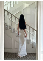 White Strapless Ruched Satin Maxi Dress - detail or back view