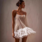 Women's Spaghetti-Strap Sequin Feather-Trim Mini Cocktail Dress with Open Back