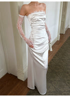 White Ruched Satin Evening Gown with Lace Sleeves — White — view 4