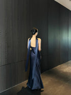 Keyhole Scarf Halter Satin Maxi Dress - detail or back view