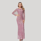 Women's Round-Neck Long-Sleeve Sequin Mermaid Evening Dress - Pink