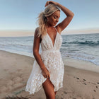 Women's Deep V-Neck Lace Cover-Up Dress with Open Back - White